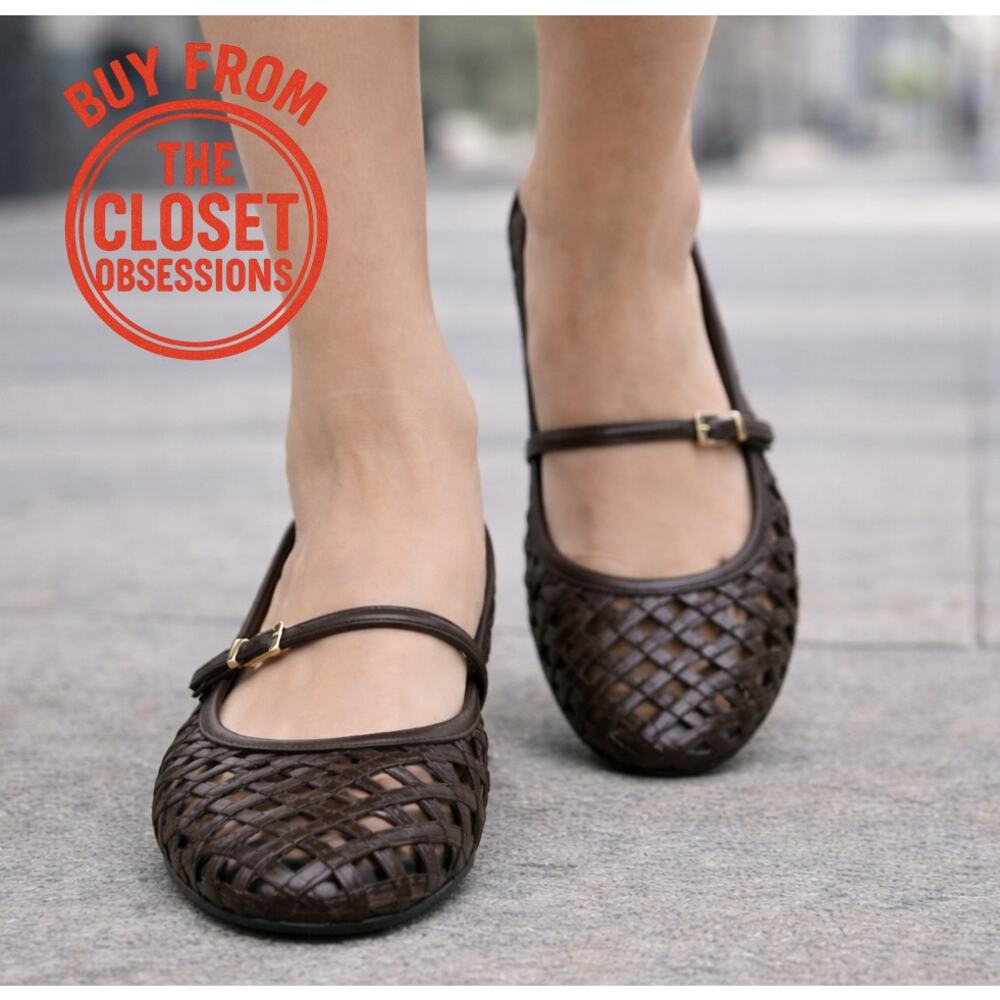 Zara Dark Brown Woven Mary Jane Flats - Picture 4 of 14